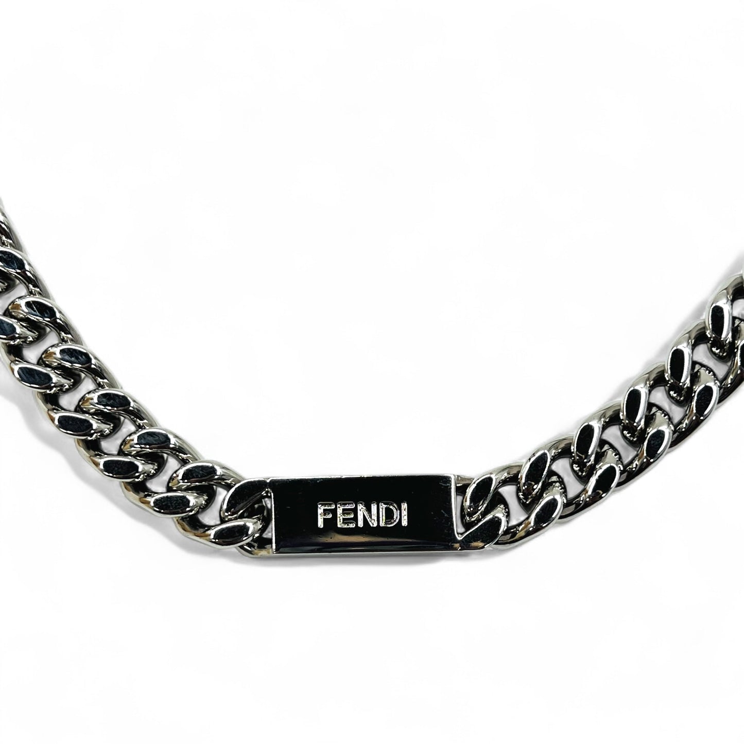 FENDI Metal Chain Necklace, Silver, Curb Chain, Baguette Link, MP4722, Made in Italy