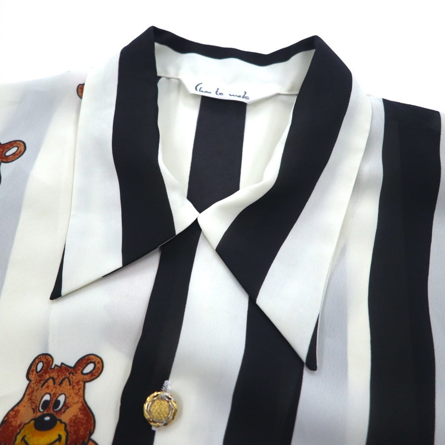 Vintage 90s Japan Made Open Collar Retro Shirt, Size M, Striped, Teddy Bear Print, Gold Buttons, Made in Japan