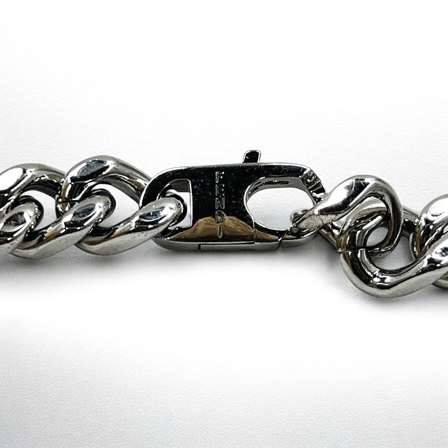 FENDI Metal Chain Necklace, Silver, Curb Chain, Baguette Link, MP4722, Made in Italy