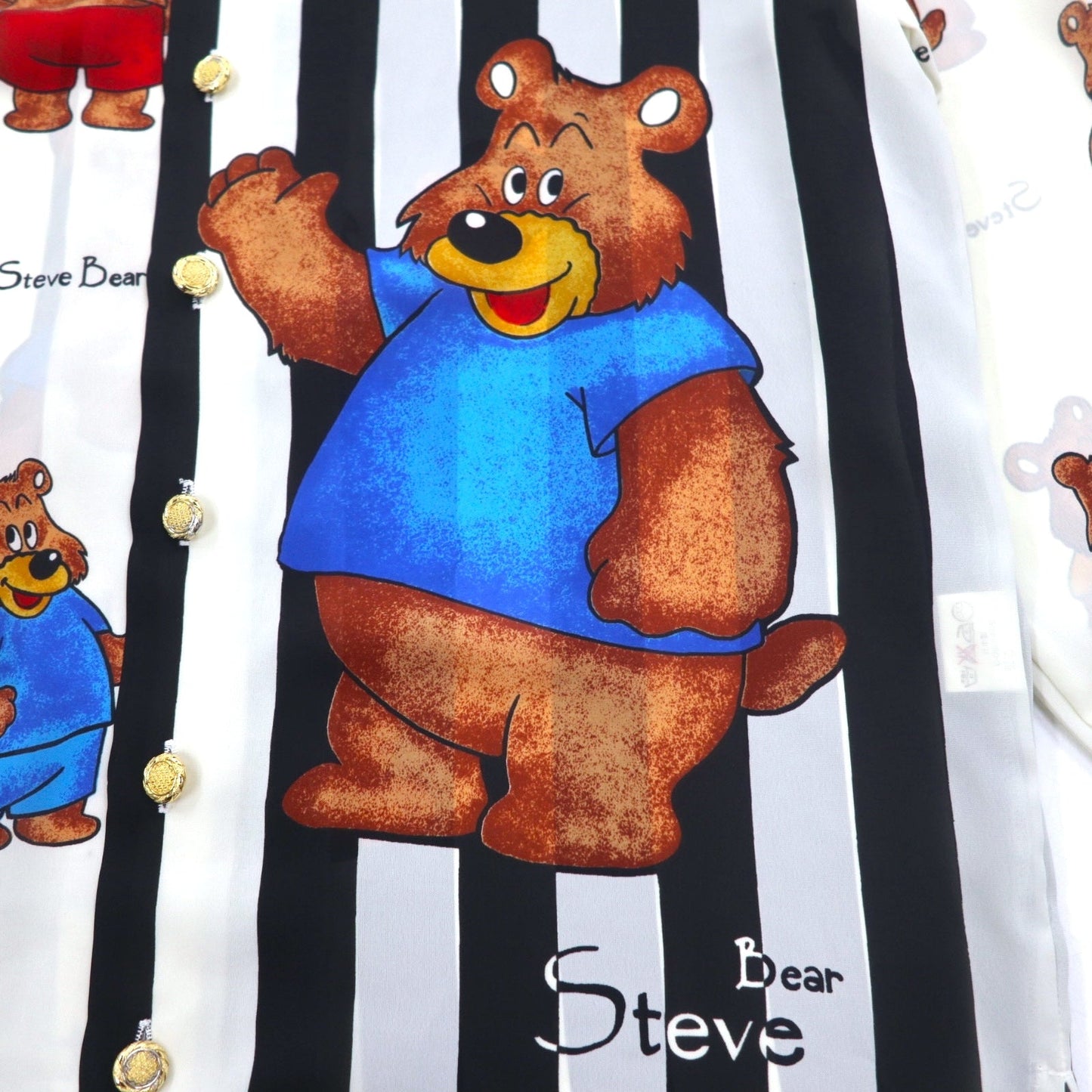 Vintage 90s Japan Made Open Collar Retro Shirt, Size M, Striped, Teddy Bear Print, Gold Buttons, Made in Japan