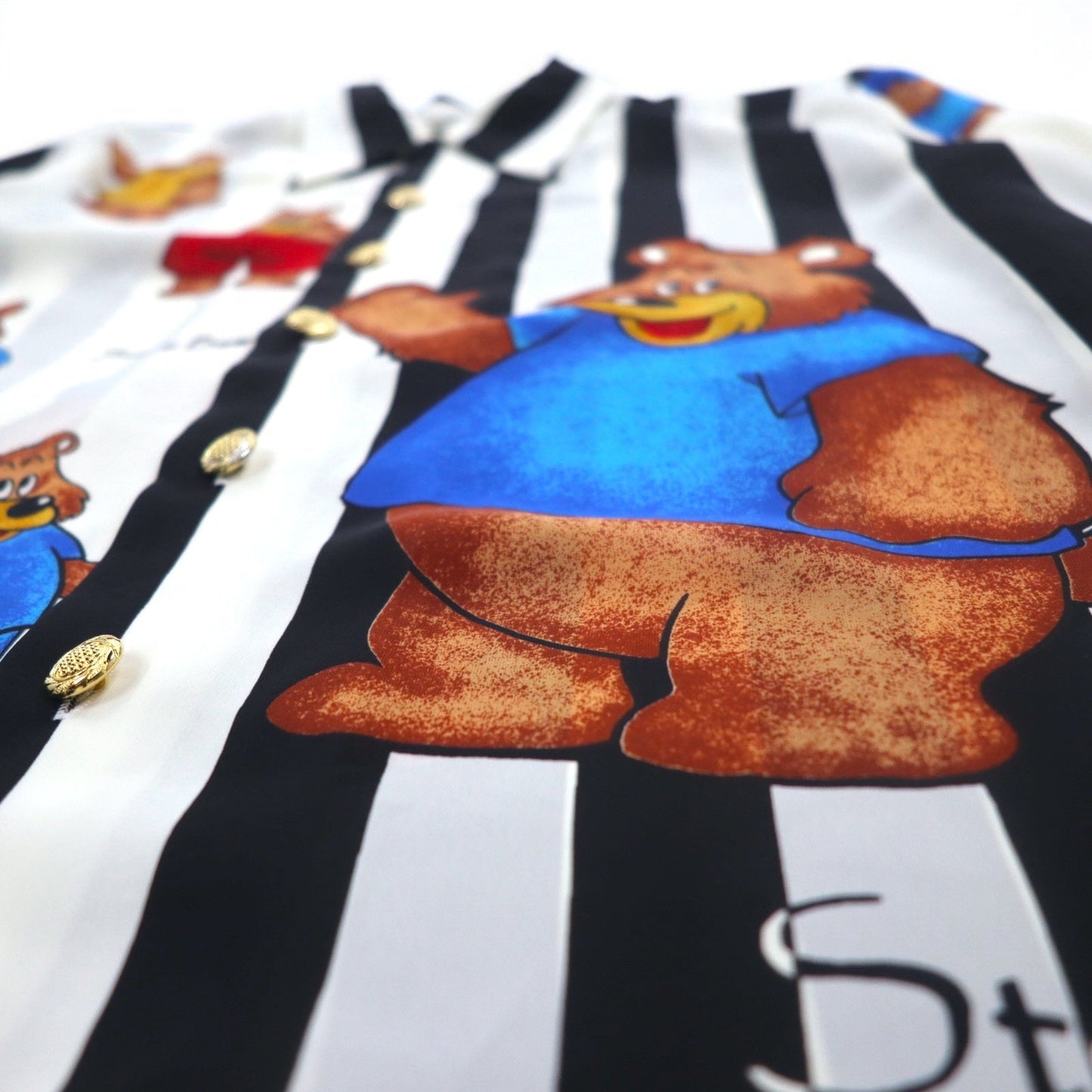 Vintage 90s Japan Made Open Collar Retro Shirt, Size M, Striped, Teddy Bear Print, Gold Buttons, Made in Japan
