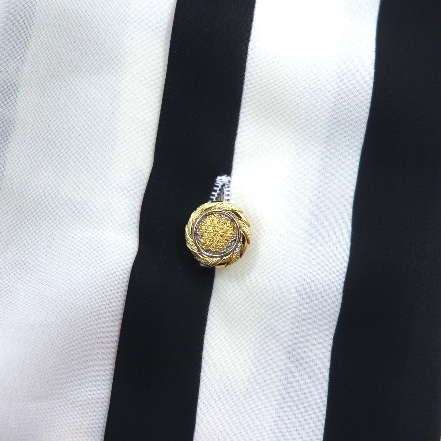 Vintage 90s Japan Made Open Collar Retro Shirt, Size M, Striped, Teddy Bear Print, Gold Buttons, Made in Japan