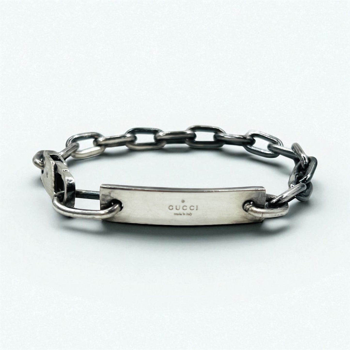 GUCCI Vintage ID Silver Chain Bracelet in SV925 with Logo Plate, Made in Italy