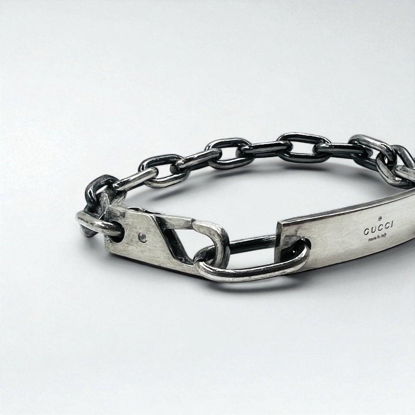 GUCCI Vintage ID Silver Chain Bracelet in SV925 with Logo Plate, Made in Italy