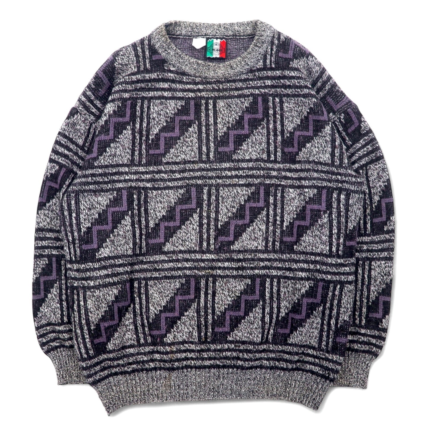 Made in Italy 90s COLORE all-over jacquard knit sweater, size XL, gray, acrylic, geometric pattern