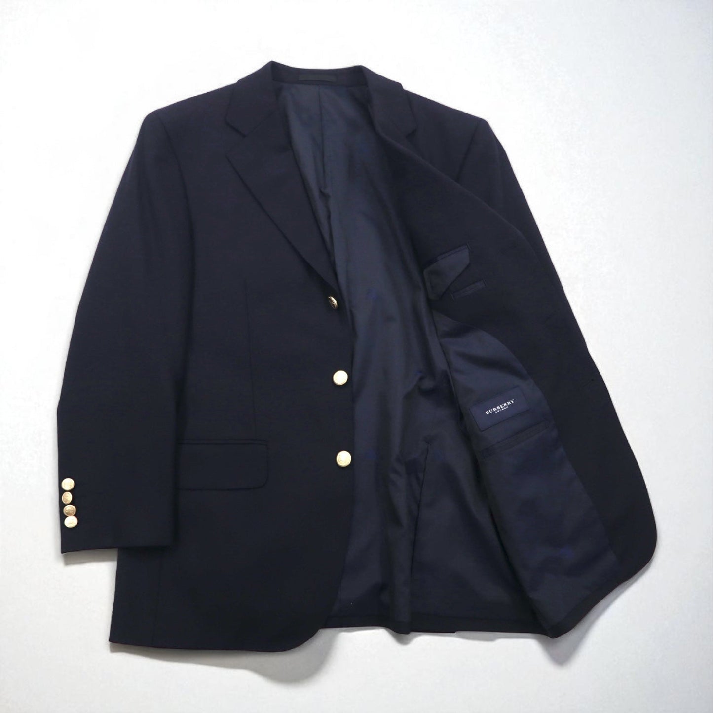 BURBERRY Cashmere Blend 3B Tailored Jacket Blazer, Navy Blue, Size S, Wool, Gold Buttons, Made in Japan