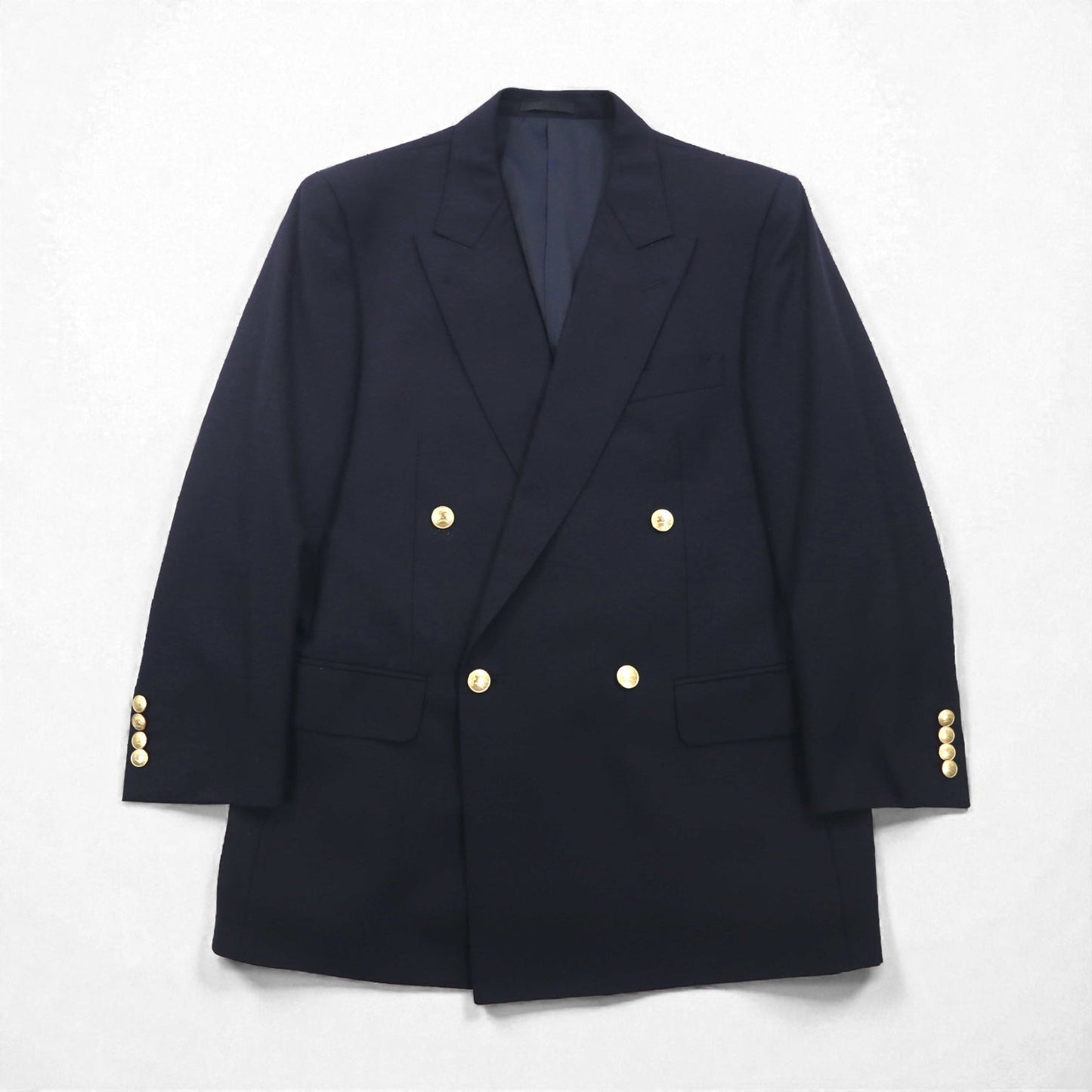 BURBERRY ピークドラペル ダブル テーラードジャケット ブレザー M ネイビー ギャバジン 紺ブレ 金ボタン 羊毛 日本製