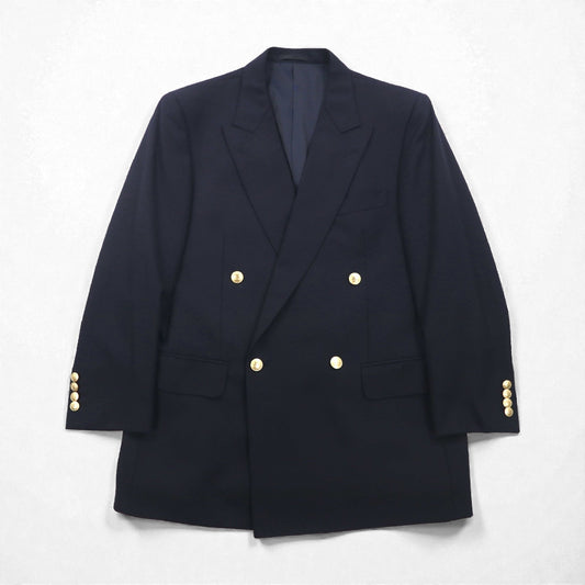 BURBERRY ピークドラペル ダブル テーラードジャケット ブレザー M ネイビー ギャバジン 紺ブレ 金ボタン 羊毛 日本製