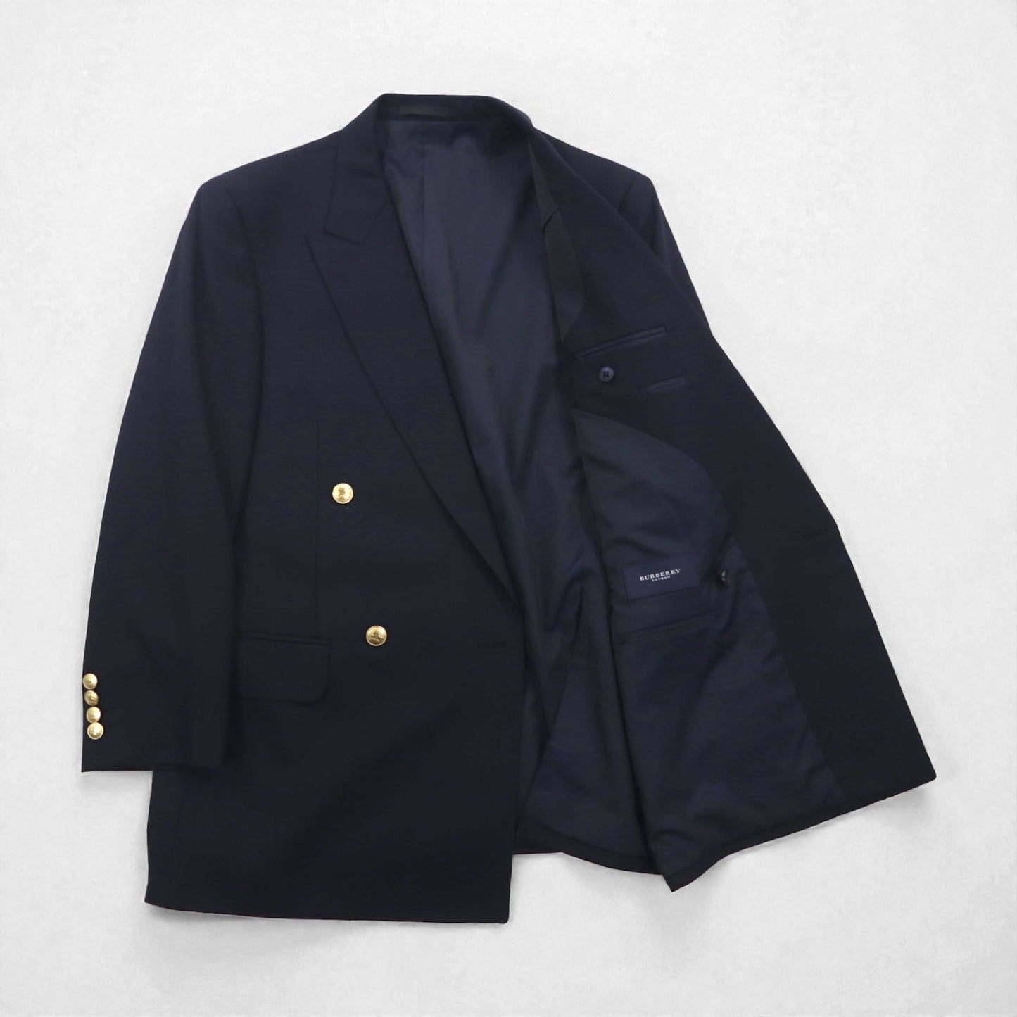 BURBERRY ピークドラペル ダブル テーラードジャケット ブレザー M ネイビー ギャバジン 紺ブレ 金ボタン 羊毛 日本製