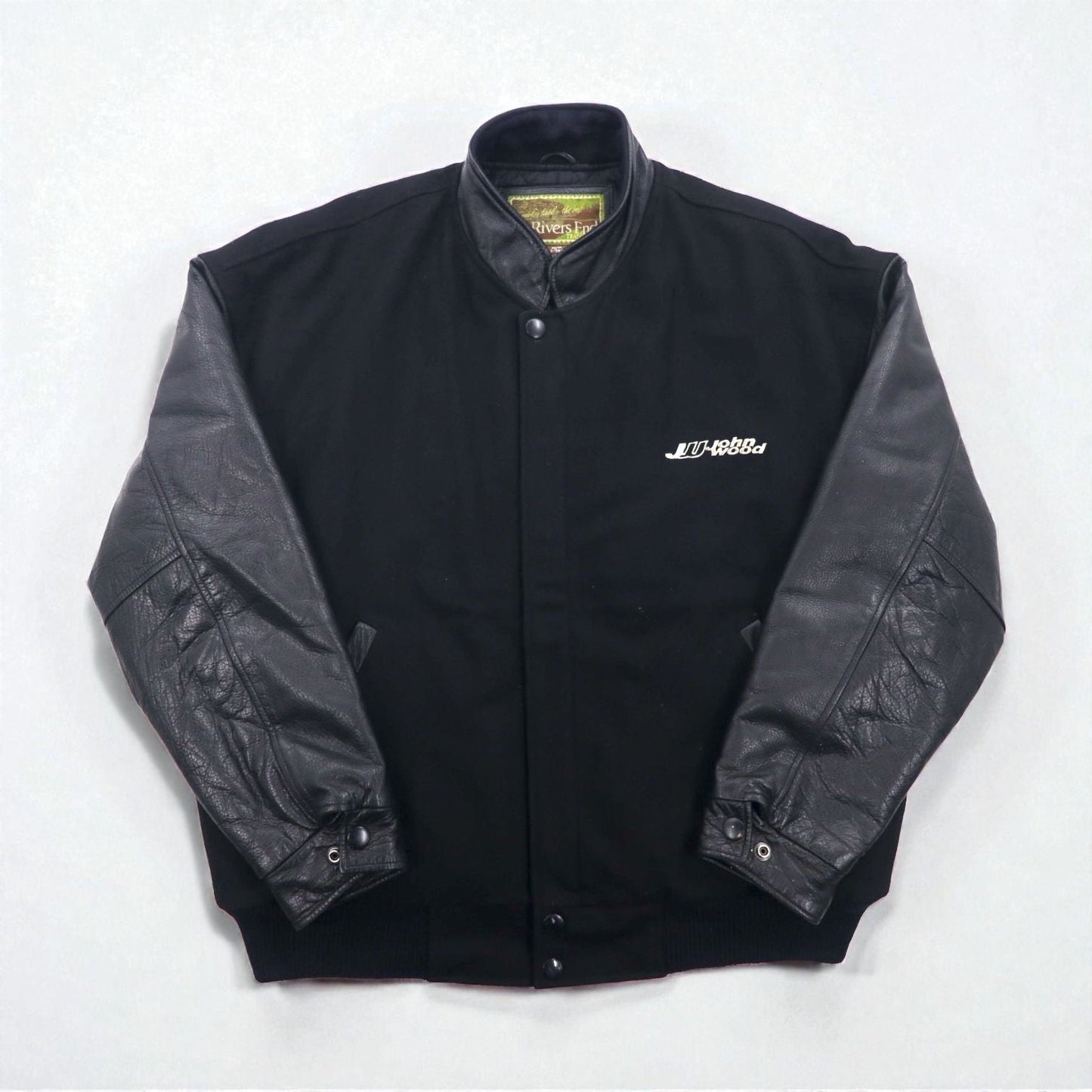 90s Vintage Varsity Jacket Rivers End レザー切替 スタジャン XL ブラック 刺繍 USA企業 JOHN WOOD