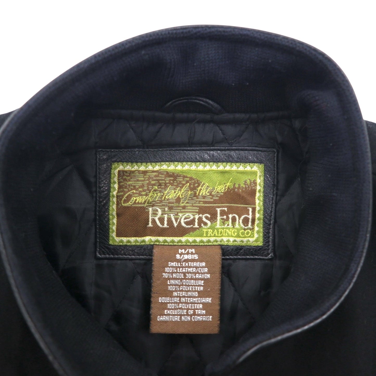 90s Vintage Varsity Jacket Rivers End レザー切替 スタジャン XL ブラック 刺繍 USA企業 JOHN WOOD