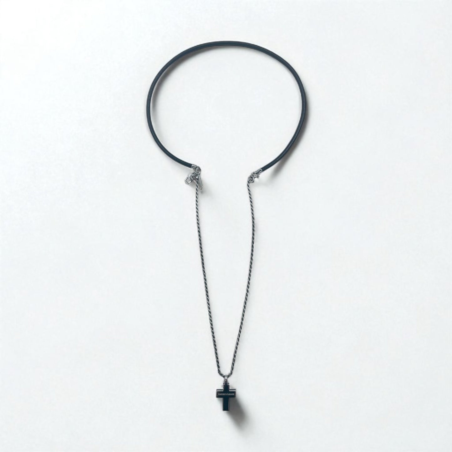 EMPORIO ARMANI 2-Way Cross Necklace in Silver 925 and Leather
