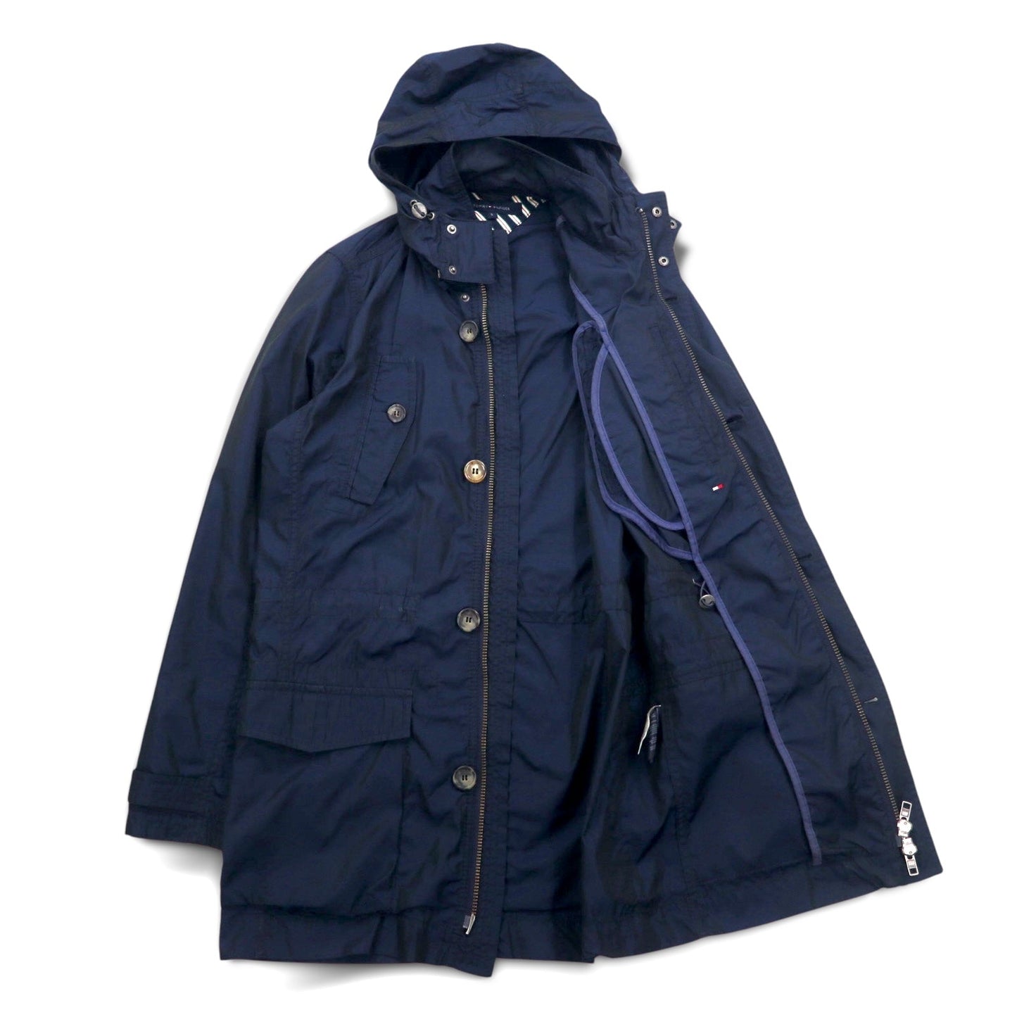 TOMMY HILFIGER 00s Mod Coat Field Parka, Size S, Drawcord, Detachable Hood, Double Zip