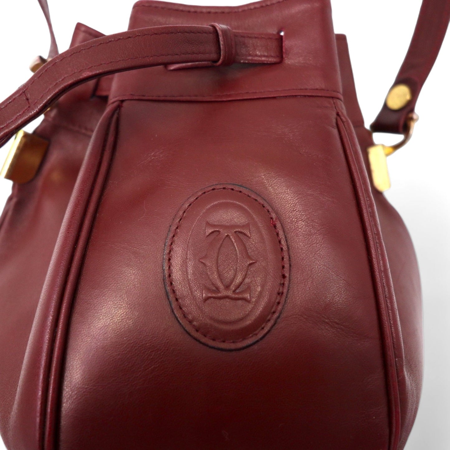 Cartier Old Must Line Drawstring Shoulder Bag, Bordeaux Leather, Vintage