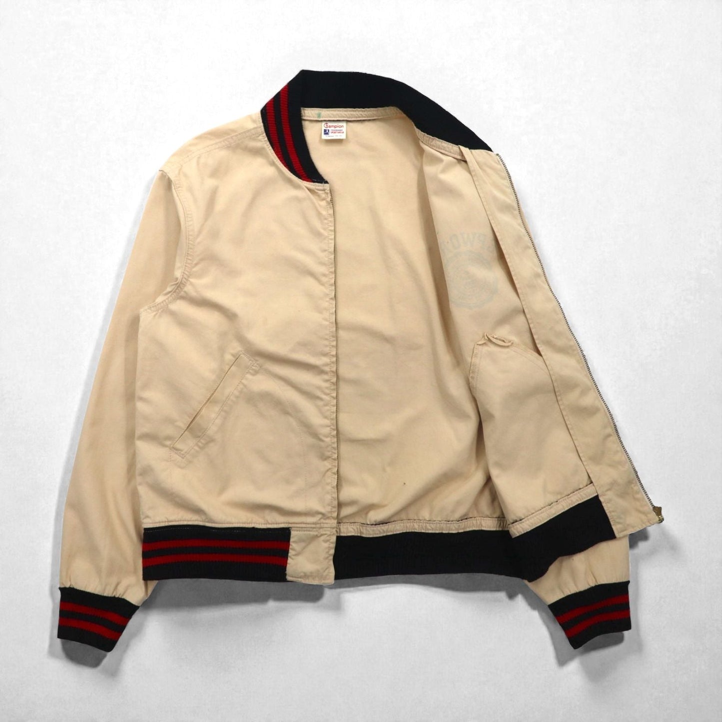 Champion ランタグ 復刻 スポーツジャケット ブルゾン L ベージュ リブライン 刺繍ワッペン