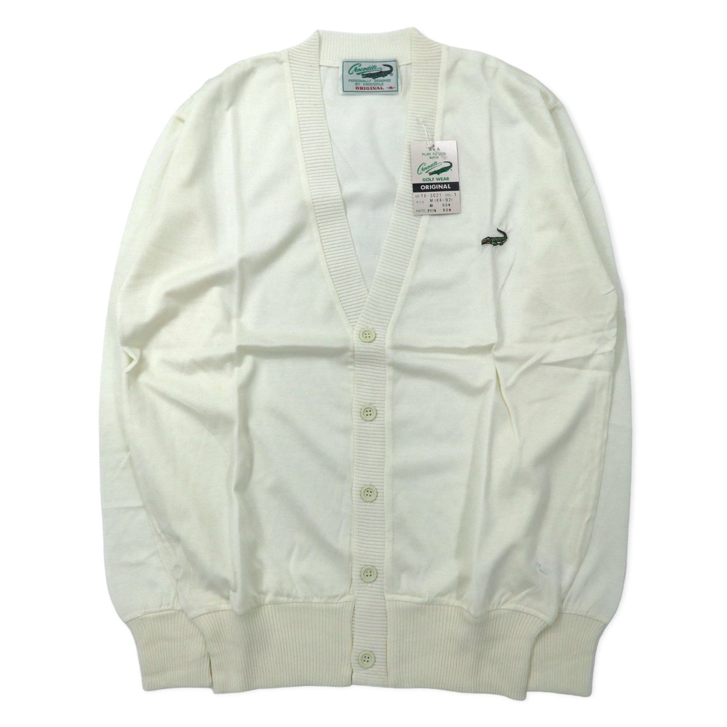 Crocodile 80s Acrylic Knit Cardigan, Size M, White, Cotton, One-Point Logo, Made in Japan, Unused