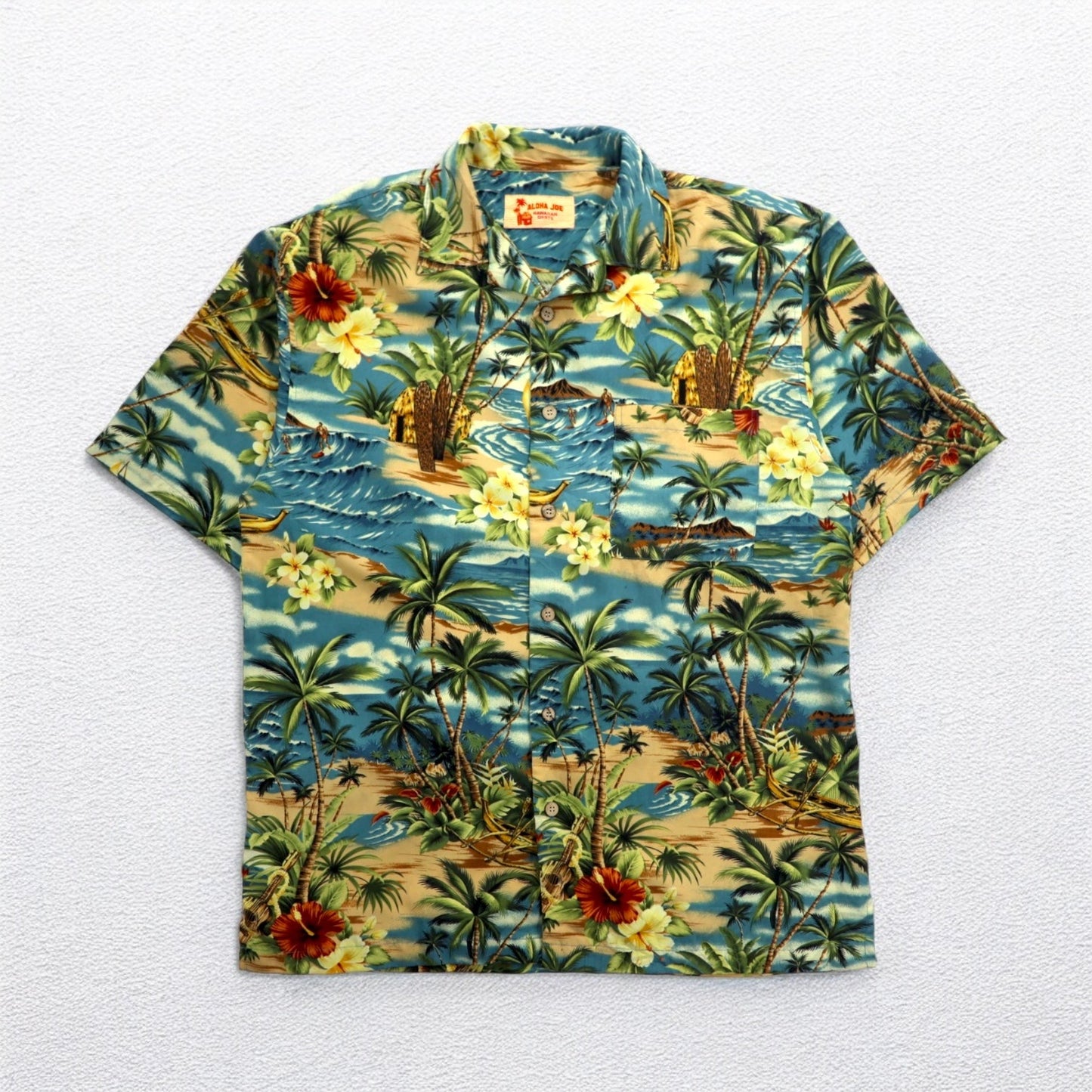 ALOHA JOE Hawaiian Shirt, Open Collar, Size L, Blue, All-Over Print, Palm Trees, Hibiscus, Surfing