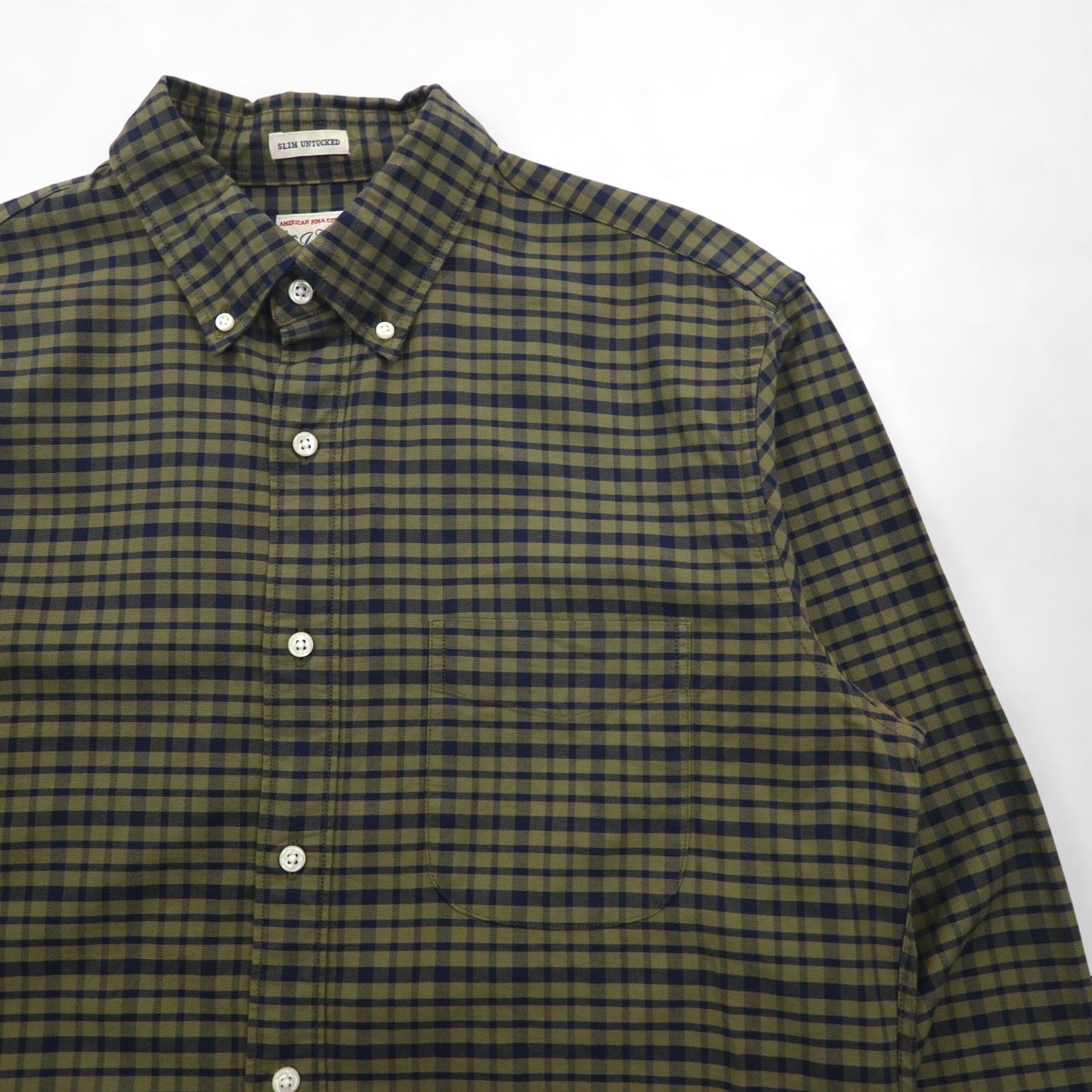 J.CREW アメリカンピマコットン ボタンダウン シャツ M カーキ チェック 胸ポケット SLIM UNTUCKED