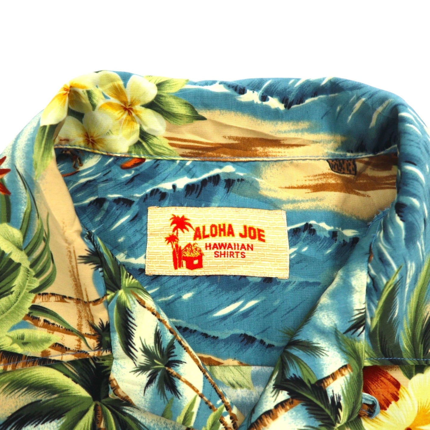 ALOHA JOE Hawaiian Shirt, Open Collar, Size L, Blue, All-Over Print, Palm Trees, Hibiscus, Surfing