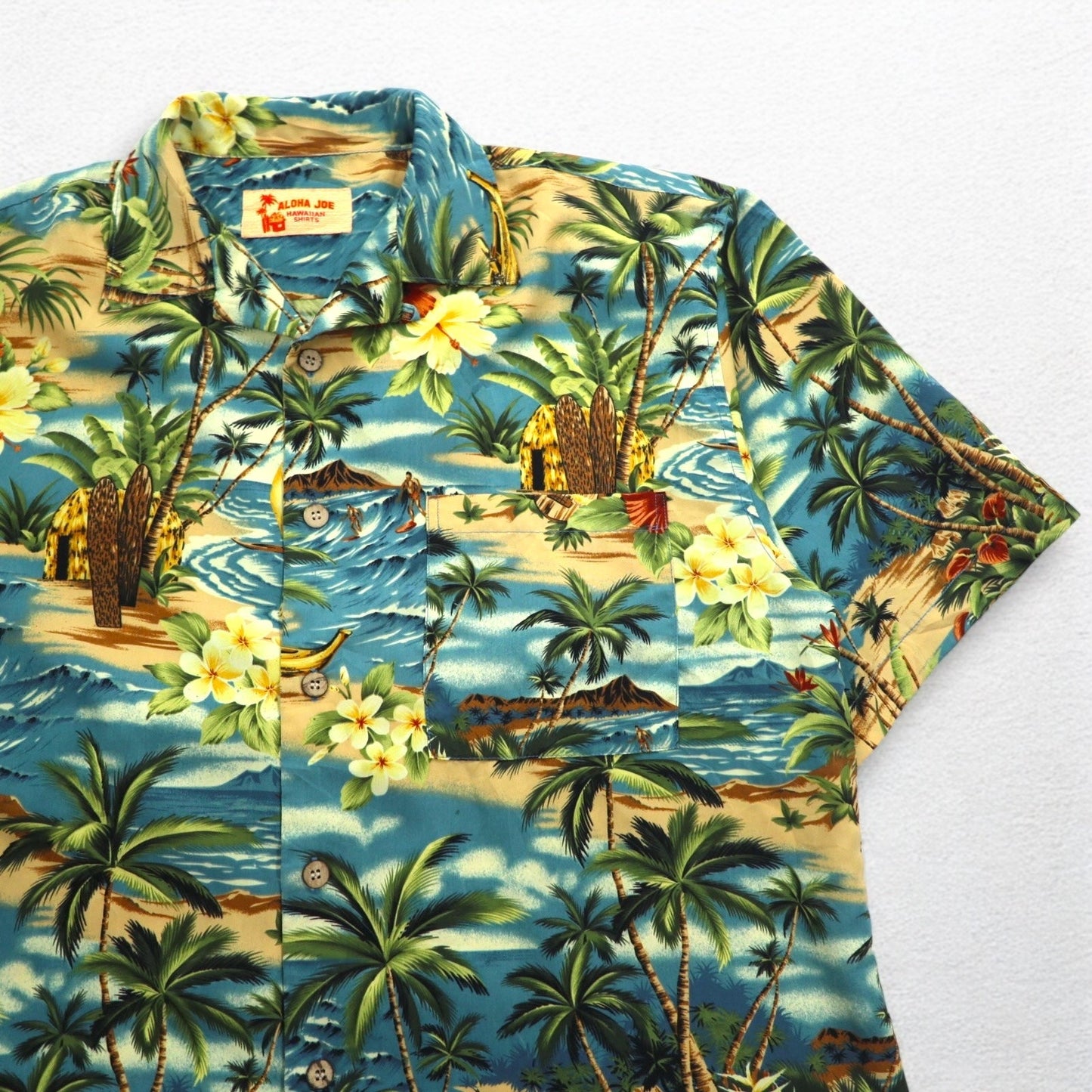 ALOHA JOE Hawaiian Shirt, Open Collar, Size L, Blue, All-Over Print, Palm Trees, Hibiscus, Surfing