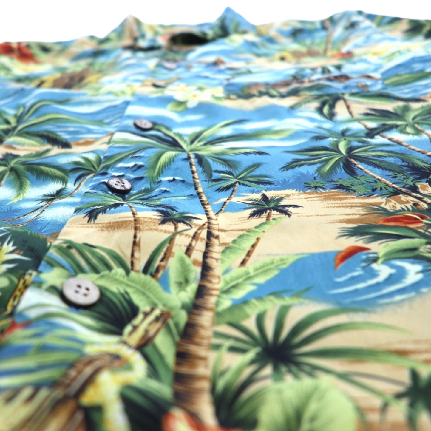 ALOHA JOE Hawaiian Shirt, Open Collar, Size L, Blue, All-Over Print, Palm Trees, Hibiscus, Surfing