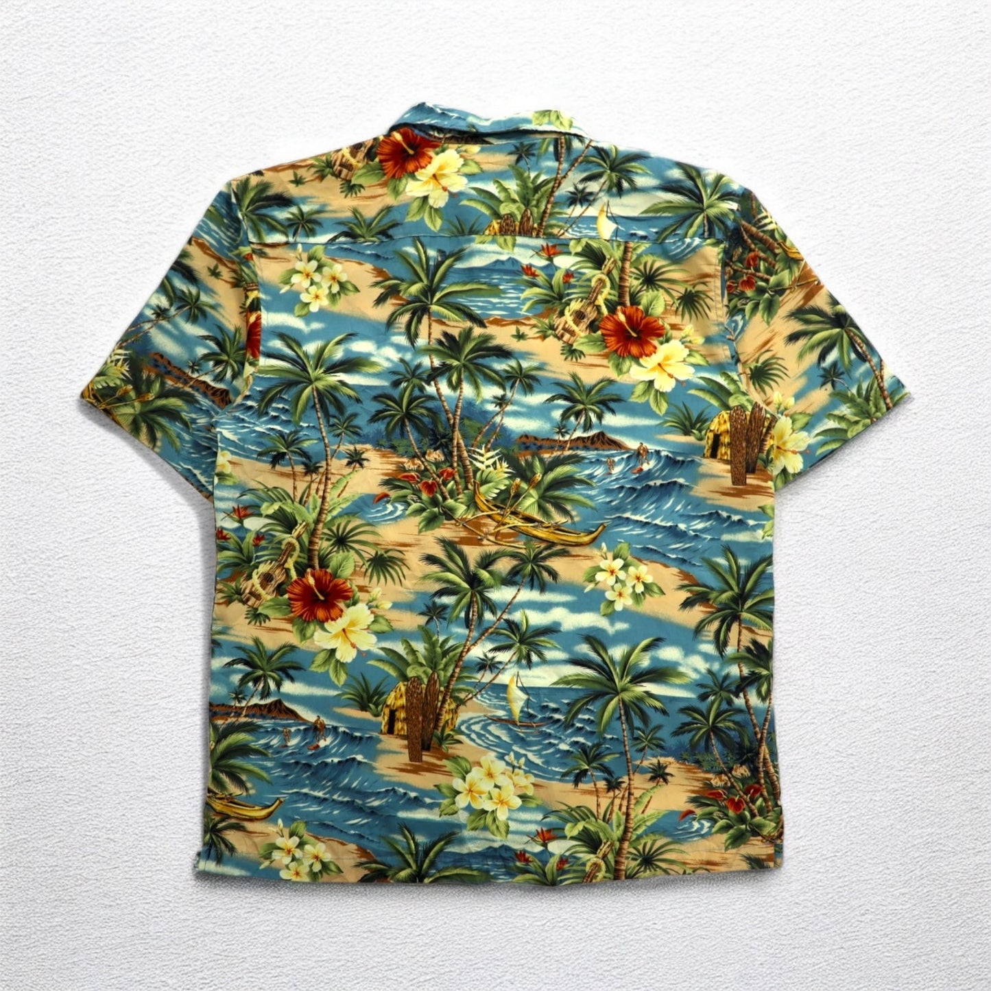 ALOHA JOE Hawaiian Shirt, Open Collar, Size L, Blue, All-Over Print, Palm Trees, Hibiscus, Surfing