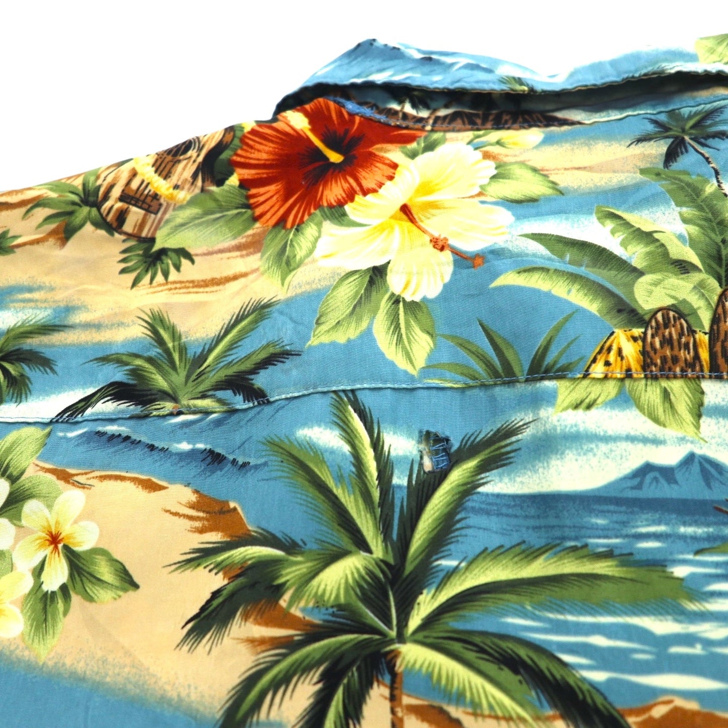 ALOHA JOE Hawaiian Shirt, Open Collar, Size L, Blue, All-Over Print, Palm Trees, Hibiscus, Surfing