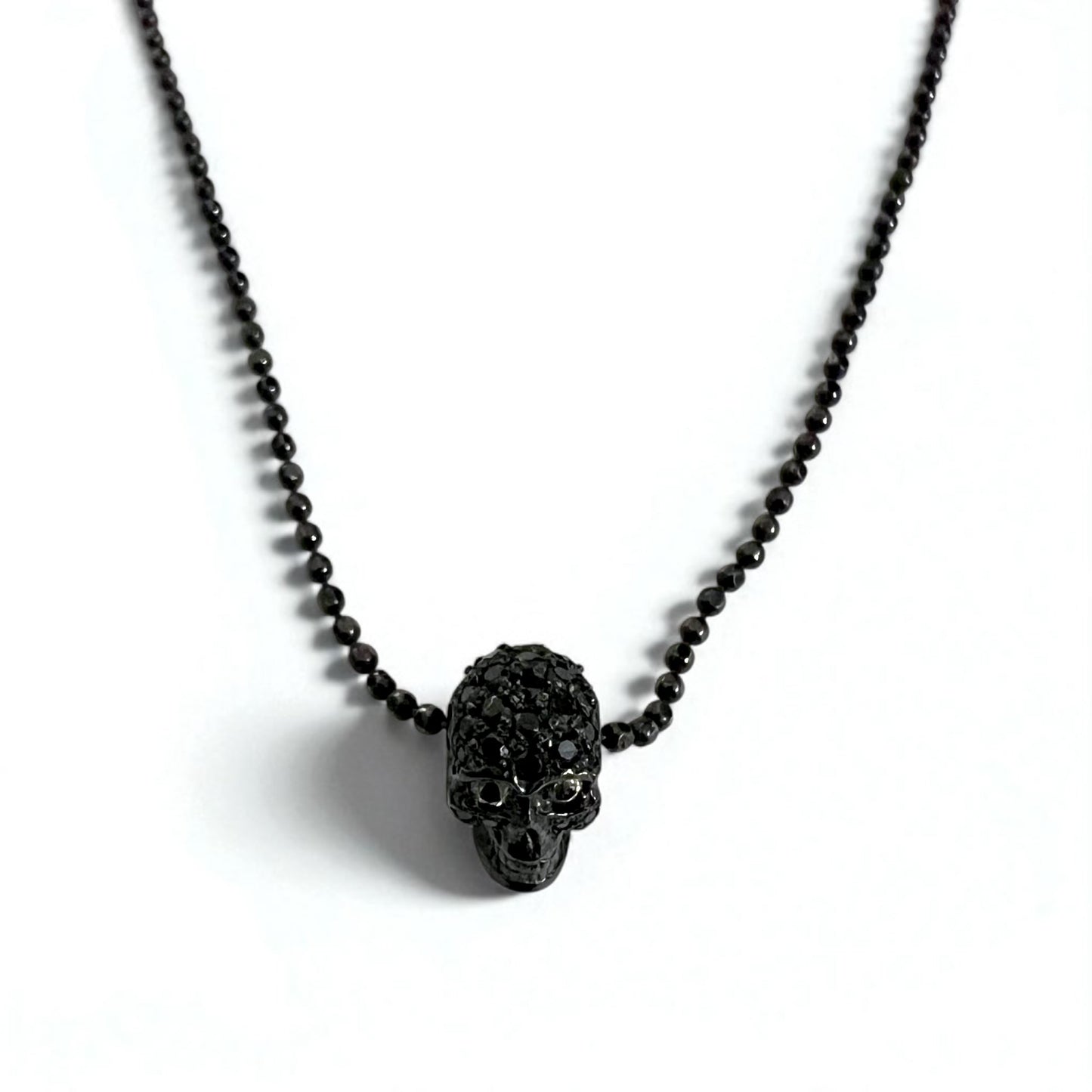 Justin Davis Natural Skull Necklace in Black Spinel and White Topaz with Silver 925 Ball Chain