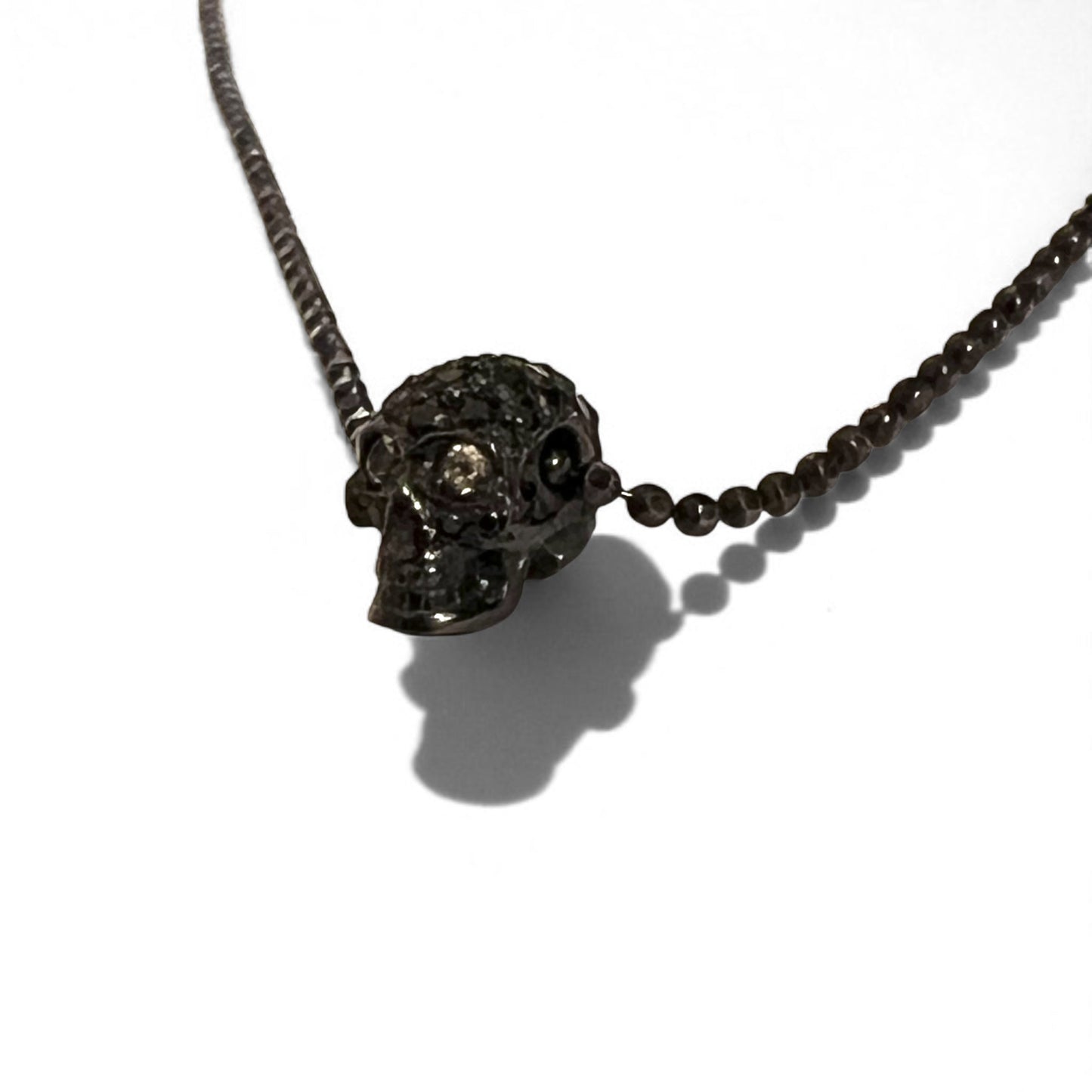 Justin Davis Natural Skull Necklace in Black Spinel and White Topaz with Silver 925 Ball Chain