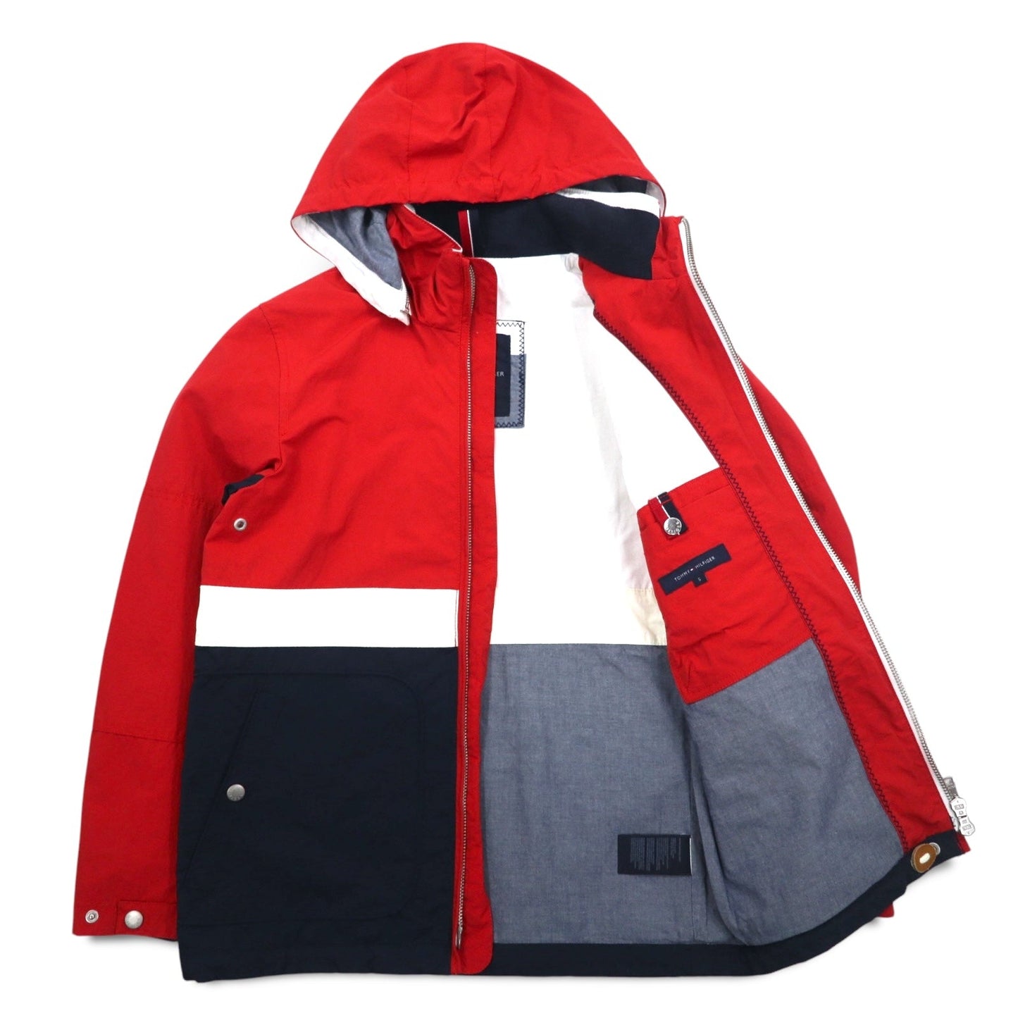 TOMMY HILFIGER Sailing Jacket Mountain Parka, Size M, Red Tricolor, Double Zip, Detachable Hood