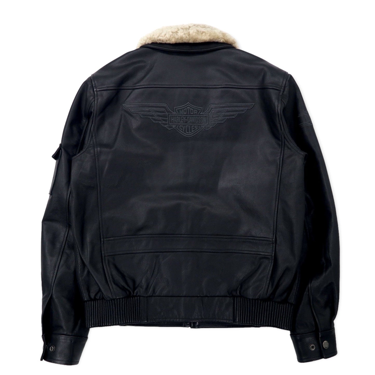 HARLEY DAVIDSON G-1 Leather Flight Jacket/Rider's Jacket, Size M, Black, Grained Leather, Detachable Fleece Collar, Embroidered Back Logo