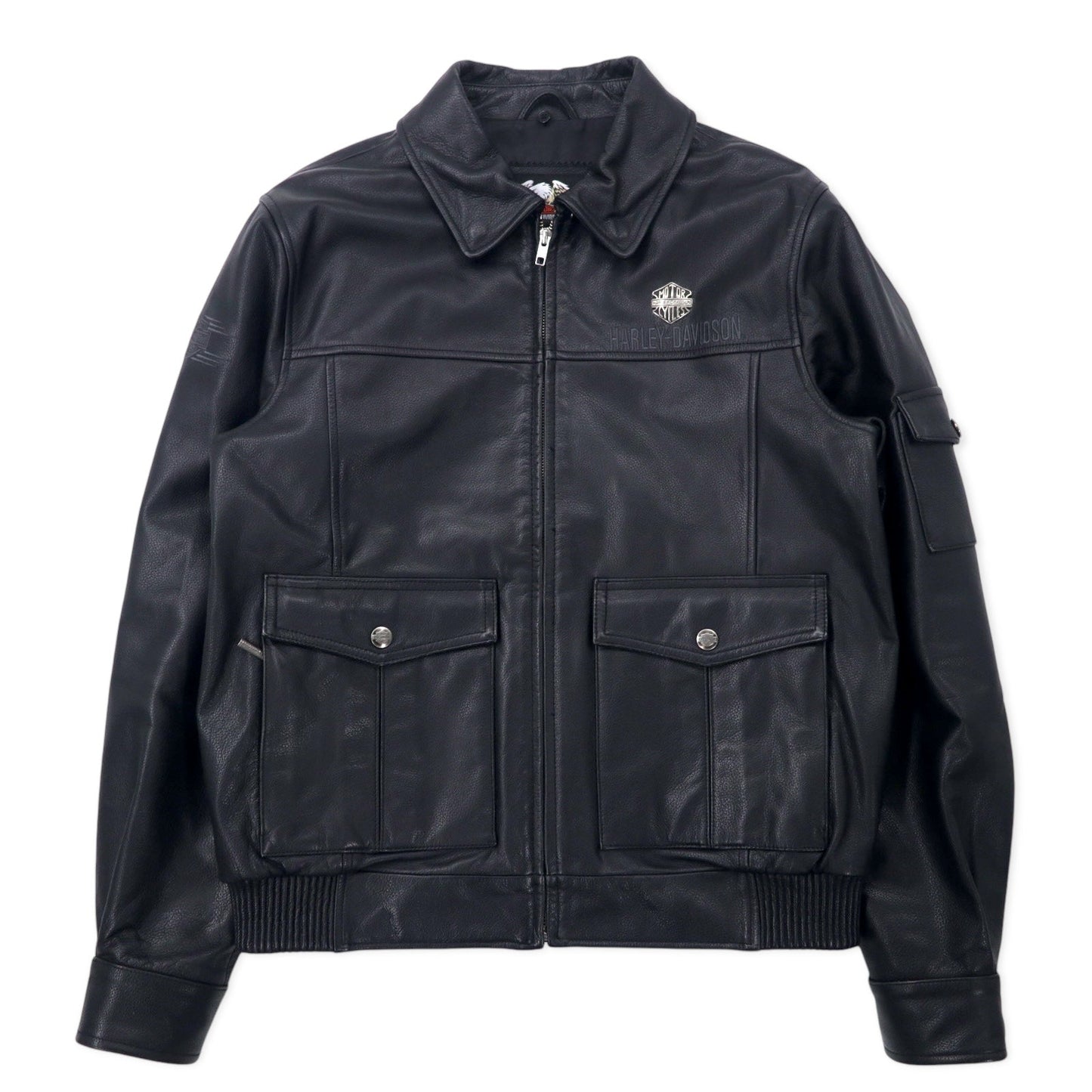 HARLEY DAVIDSON G-1 Leather Flight Jacket/Rider's Jacket, Size M, Black, Grained Leather, Detachable Fleece Collar, Embroidered Back Logo