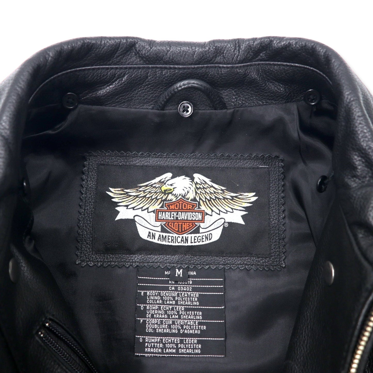 HARLEY DAVIDSON G-1 Leather Flight Jacket/Rider's Jacket, Size M, Black, Grained Leather, Detachable Fleece Collar, Embroidered Back Logo