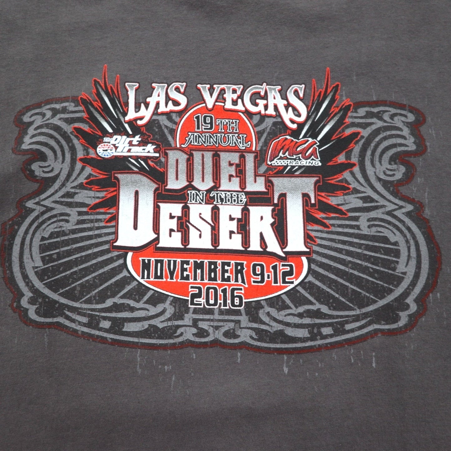 DELTA Long Sleeve T-Shirt, Size 3XL, Gray, Double-Sided Print, Racing Car, DUEL IN THE DESERT