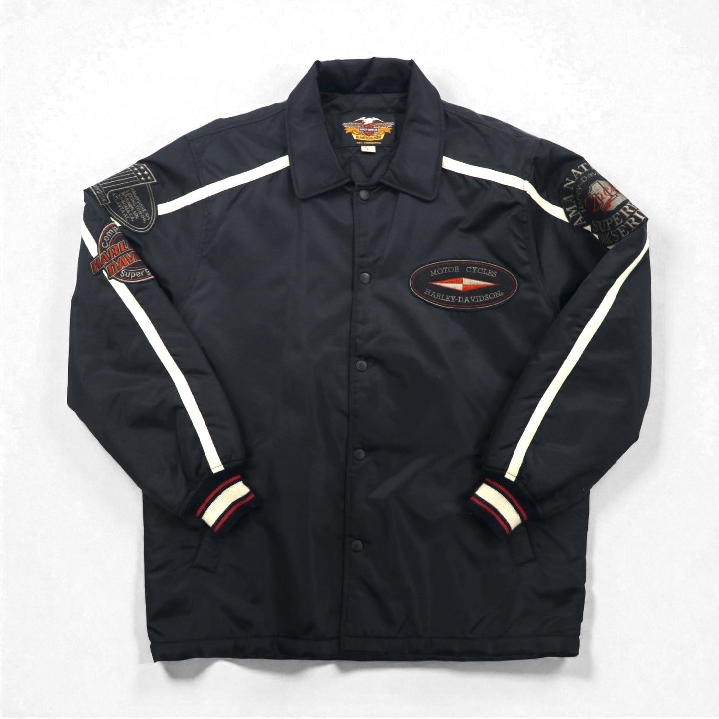 HARLEY DAVIDSON 00年代 レーシングジャケット ナイロン 中綿 コーチジャケット L ブラック 刺繍 サイドライン