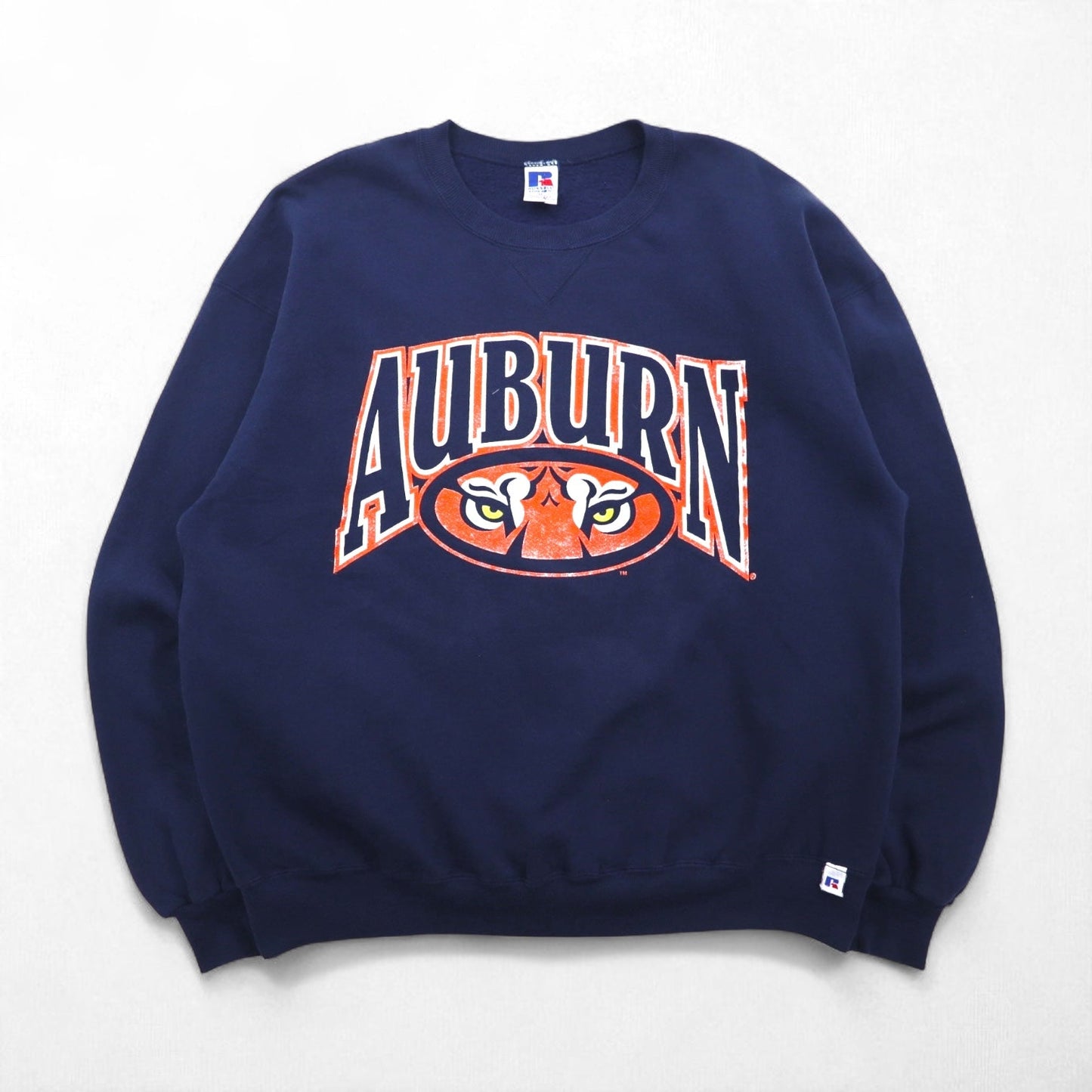 90s USA-made RUSSEL ATHLETIC college print V-neck sweatshirt, size XL, navy, fleece-lined, AUBURNS TIGERS arch logo.