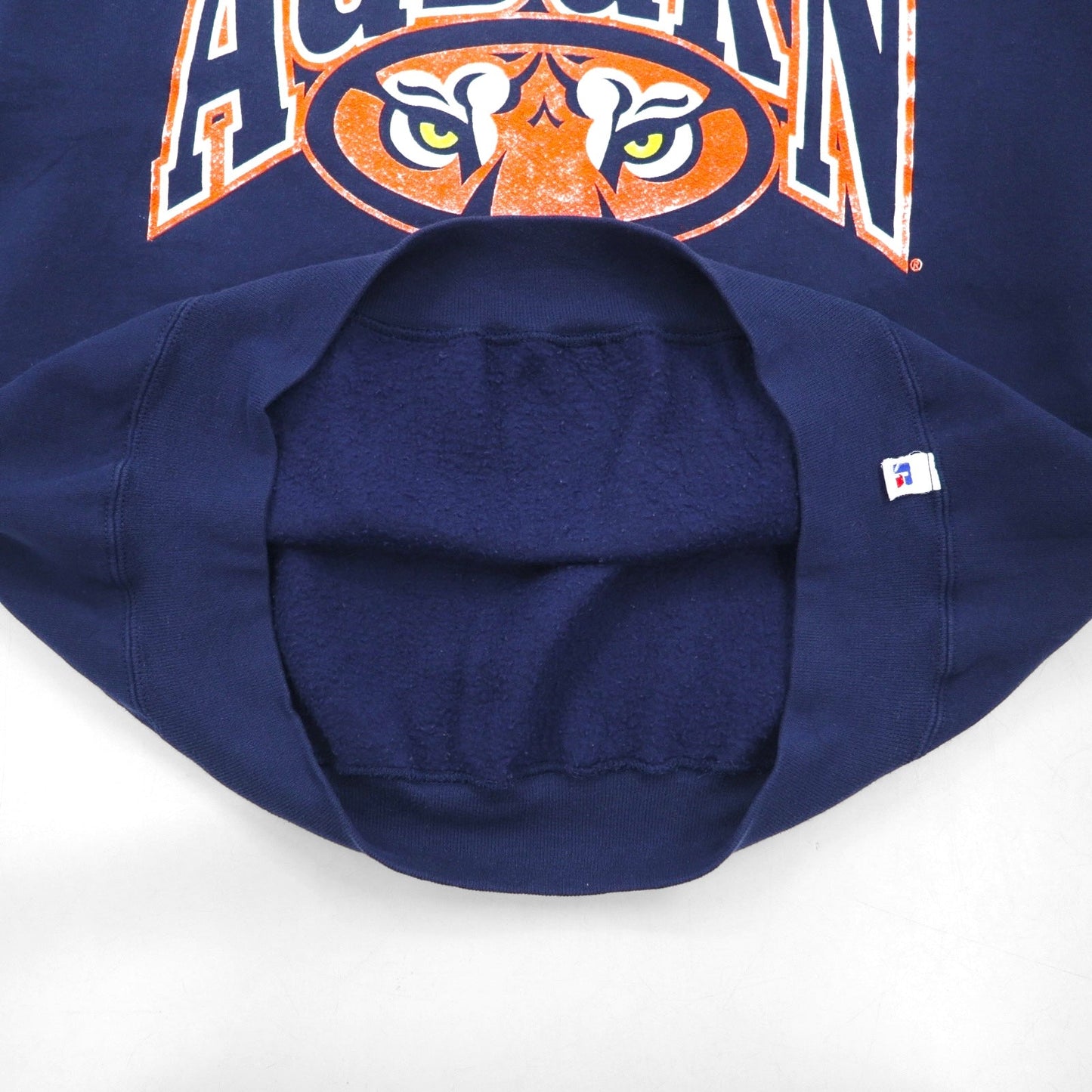 90s USA-made RUSSEL ATHLETIC college print V-neck sweatshirt, size XL, navy, fleece-lined, AUBURNS TIGERS arch logo.