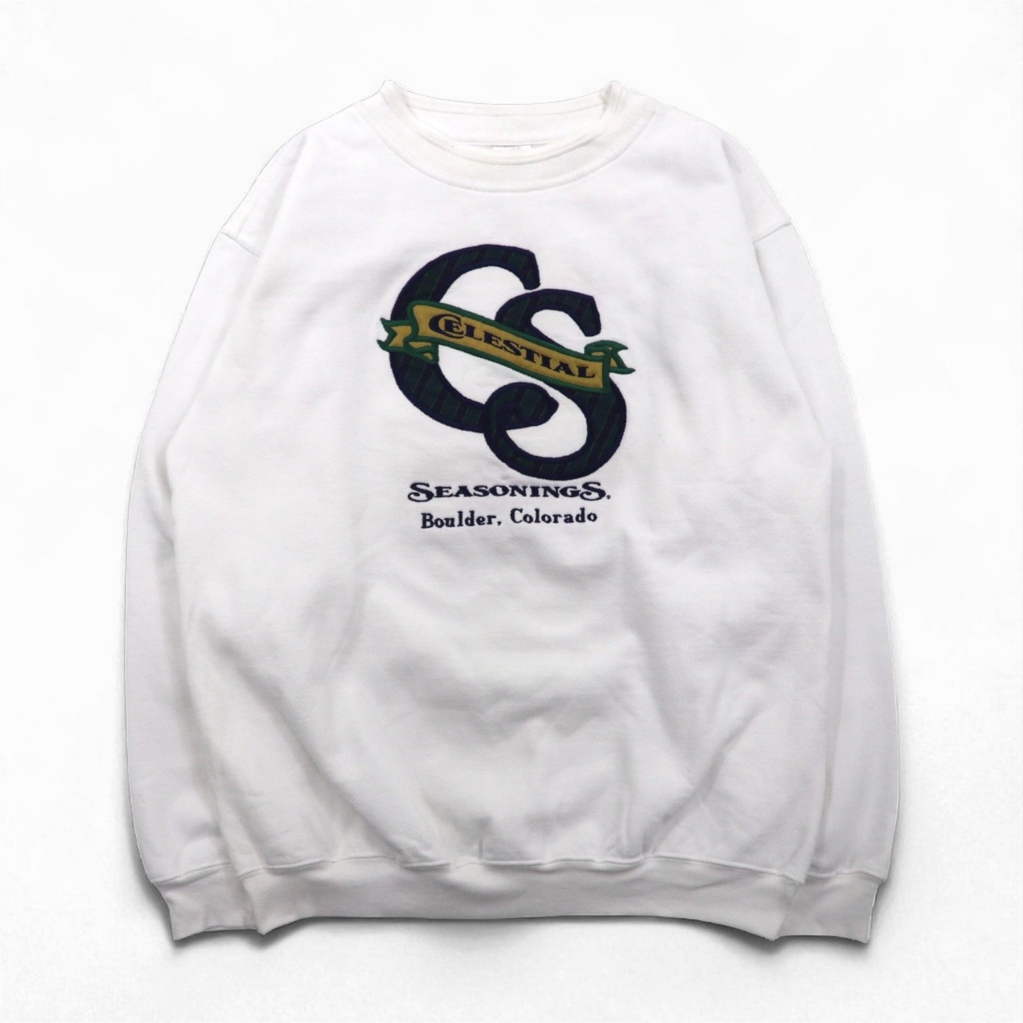 Made in the USA, 90s BAC PREMIER College Embroidered Sweatshirt, Size M, White, Cotton, Pique, Fleece-Lined, CELESTIAL