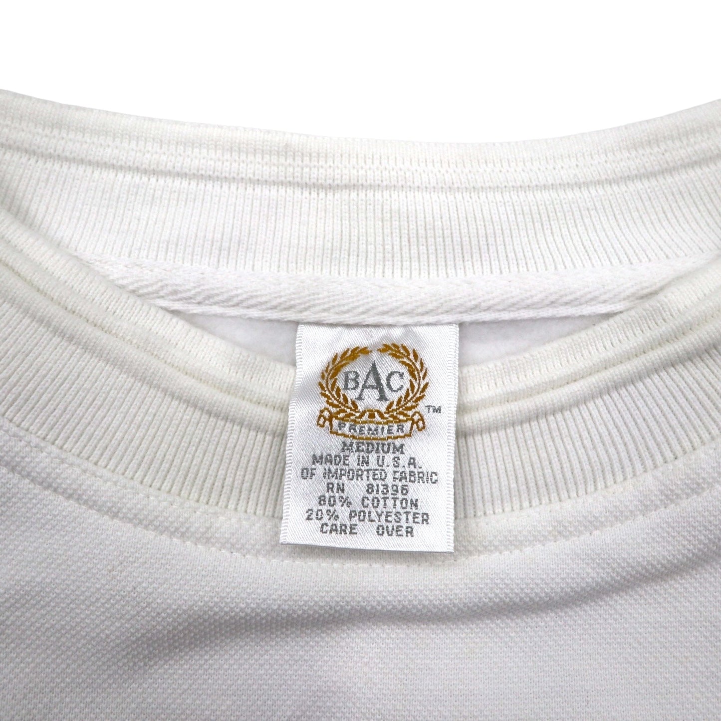 Made in the USA, 90s BAC PREMIER College Embroidered Sweatshirt, Size M, White, Cotton, Pique, Fleece-Lined, CELESTIAL