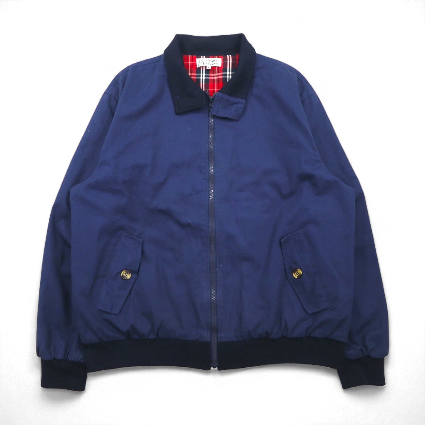 L'HOMME MODERNE Swing Top Harrington Jacket, Size L, Navy, Checked Cotton Lining