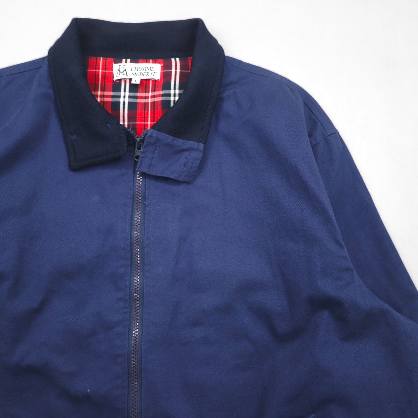 L'HOMME MODERNE Swing Top Harrington Jacket, Size L, Navy, Checked Cotton Lining