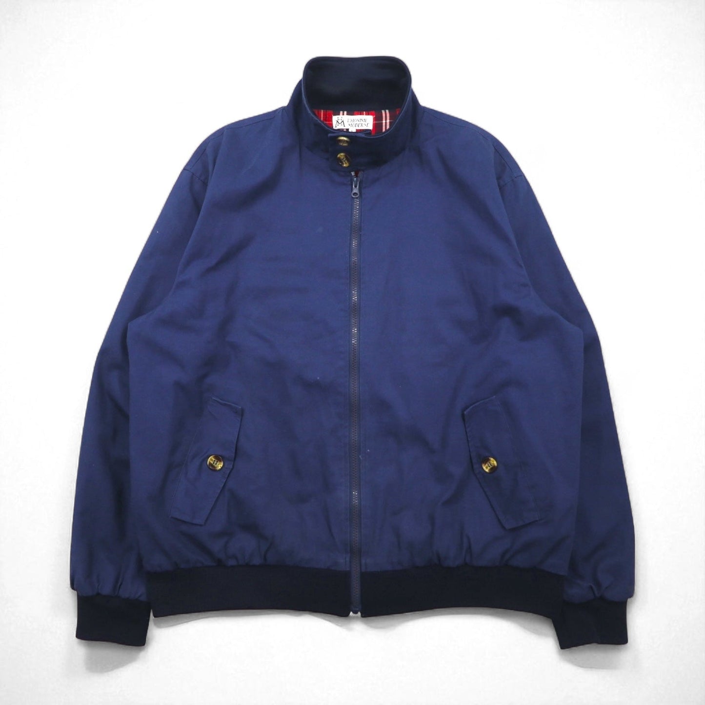 L'HOMME MODERNE Swing Top Harrington Jacket, Size L, Navy, Checked Cotton Lining