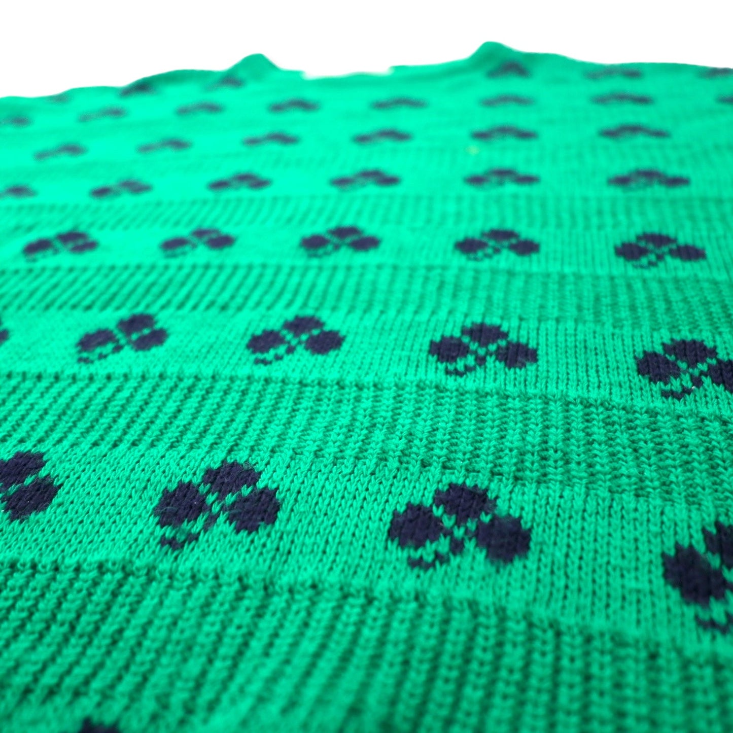 Quill's Woollen Market 70年代 アイルランド製 ローゲージ ニット セーター XL グリーン 総柄 クローバー アクリル ビッグサイズ