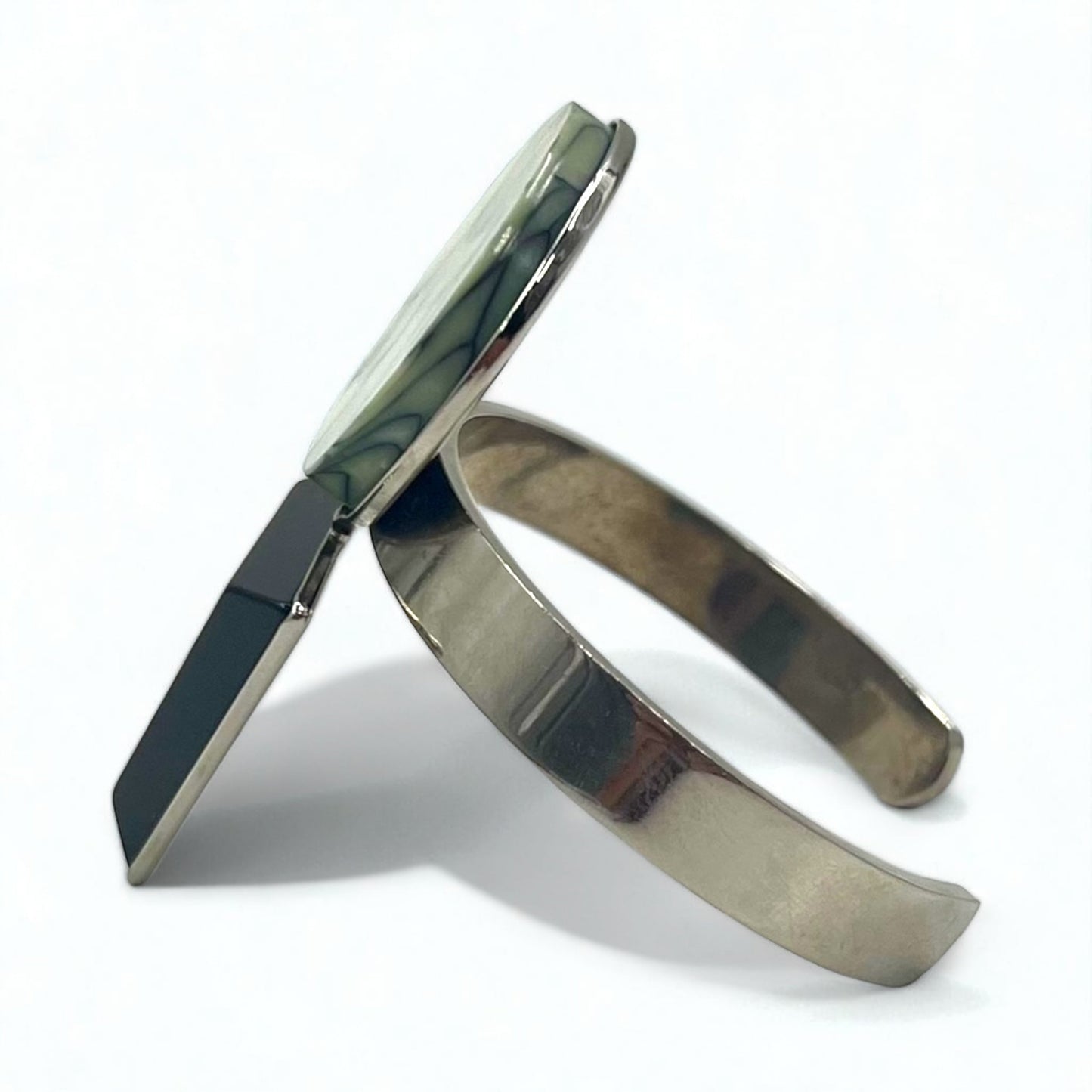 TOGA Geometric Color Stone Bangle Cuff Bracelet in Silver Metal with Marble, Circle, and Triangle Designs