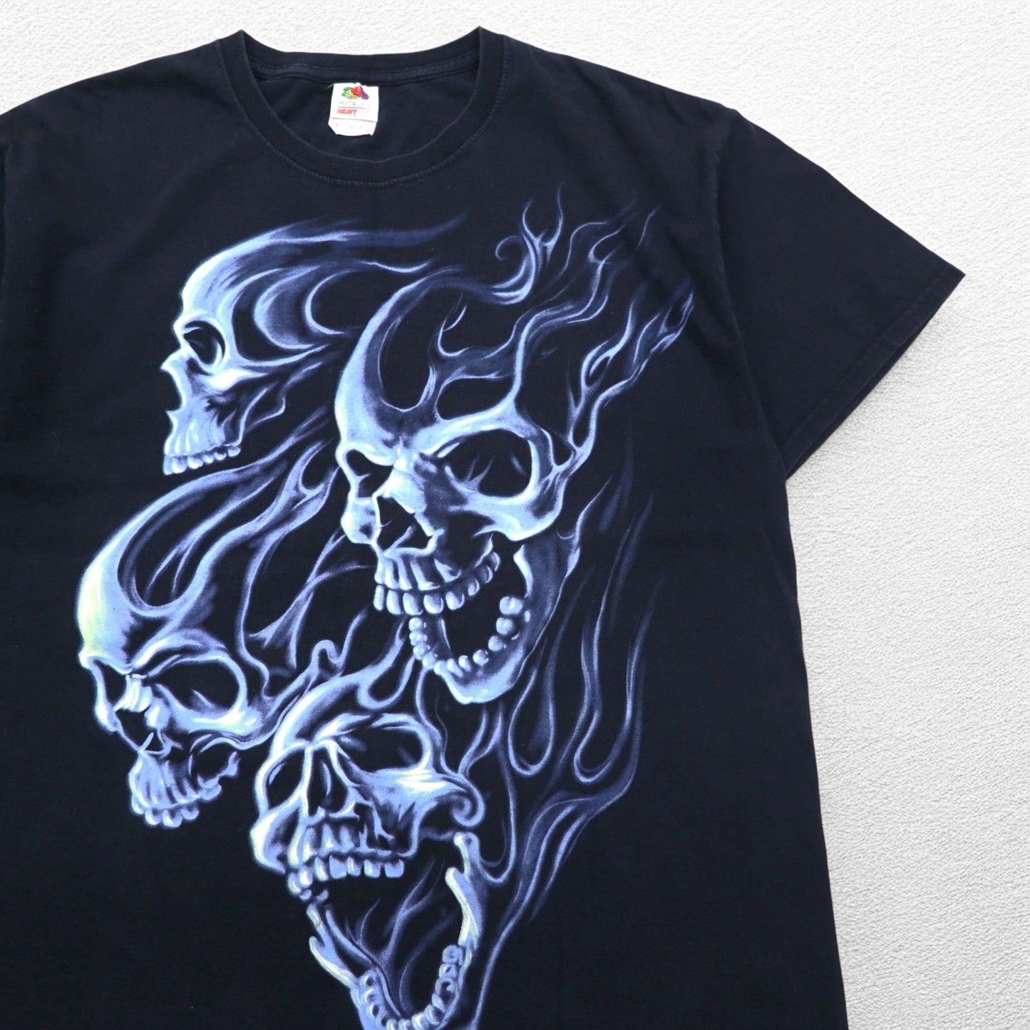 FRUIT OF THE LOOM 00年代 スカル プリント Tシャツ L ブラック コットン ファイヤー スピリット