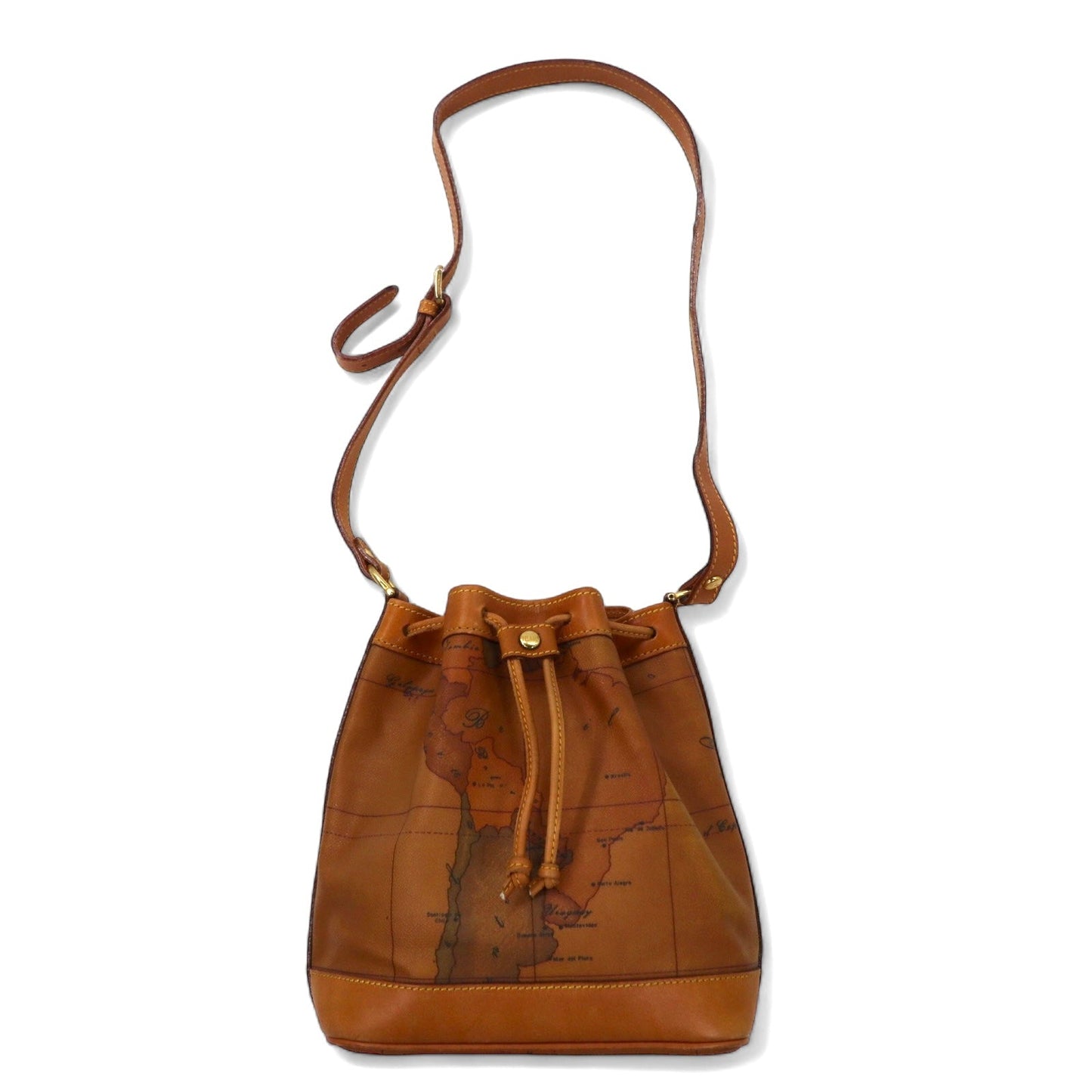 PRIMA CLASSE Italian-made drawstring shoulder bag in beige PVC and leather with a world map.