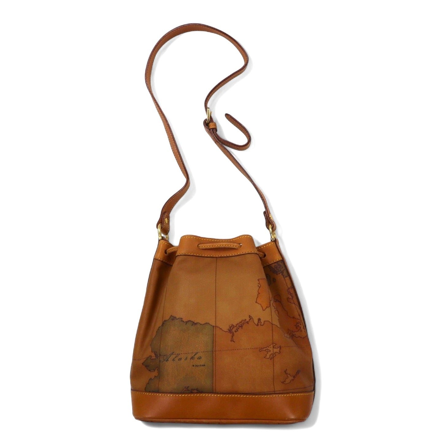 PRIMA CLASSE Italian-made drawstring shoulder bag in beige PVC and leather with a world map.