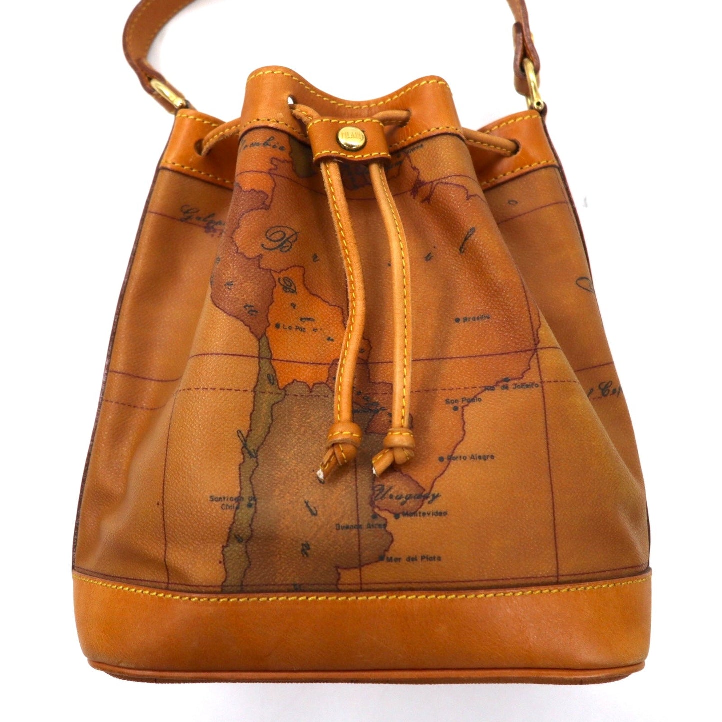 PRIMA CLASSE Italian-made drawstring shoulder bag in beige PVC and leather with a world map.