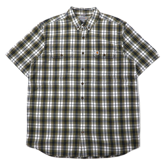 Carhartt Relaxed Fit Short Sleeve Button-Down Shirt, Khaki, White, Check, Cotton, Size XL