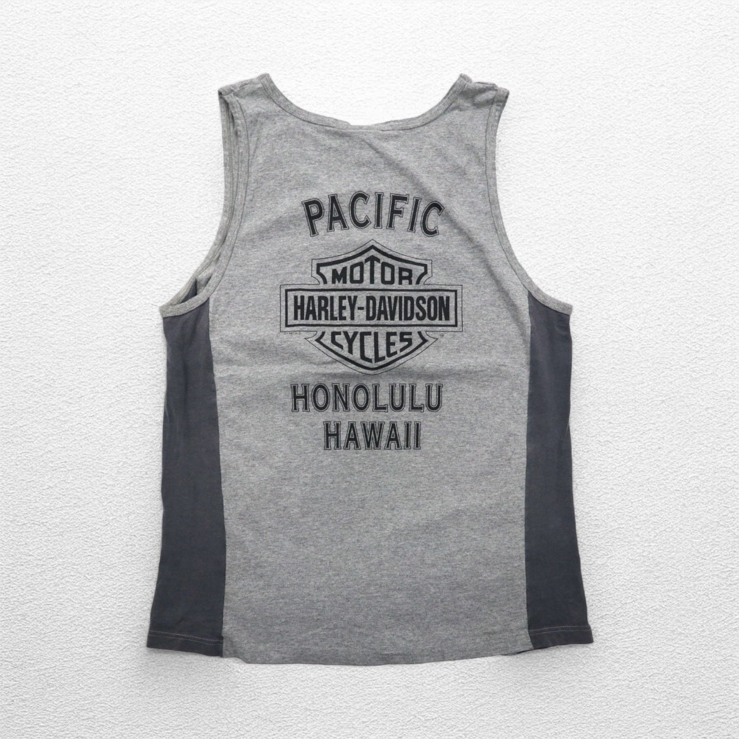 HARLEY DAVIDSON 90s Made in USA Tank Top, Size L, Gray Cotton, Honolulu, Hawaii, Double-Sided Print